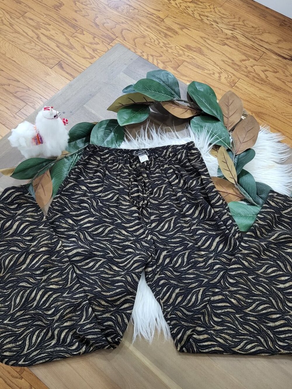 Vintage Intriguing Threads Rayon Wide Leg Pants Gold Black Whimsigoth Sz 10 tie